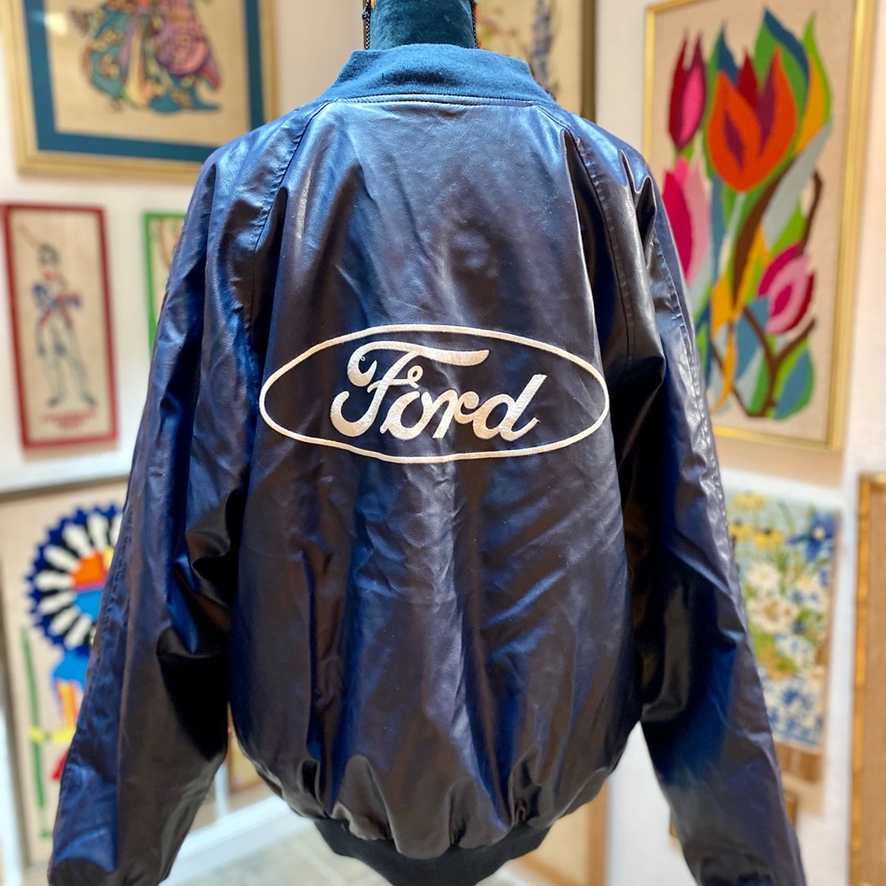 Vintage Men Ford Varsity Bomber Blue Wool Vegan Leather American Athletic Jacket